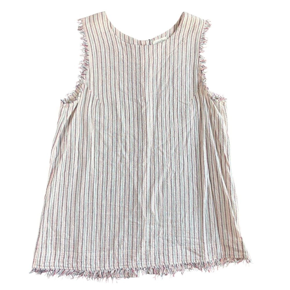 Cotton Bleu Womens Tank Top S Raw Hem Striped Cottagecore Coastal Lagenlook Boho